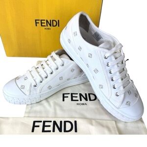 Fendi Domino White Canvas Logo Unisex Sneakers Women’s 11.5/ Men’s 10 - Pristine